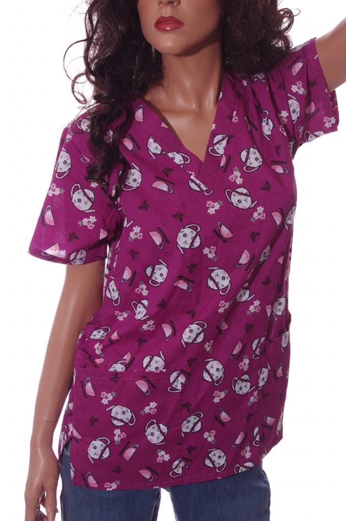 Granada Womens Tea Pot Kettle Cup SS Nurse Scrub Shirt XS Purple Pink Floral New